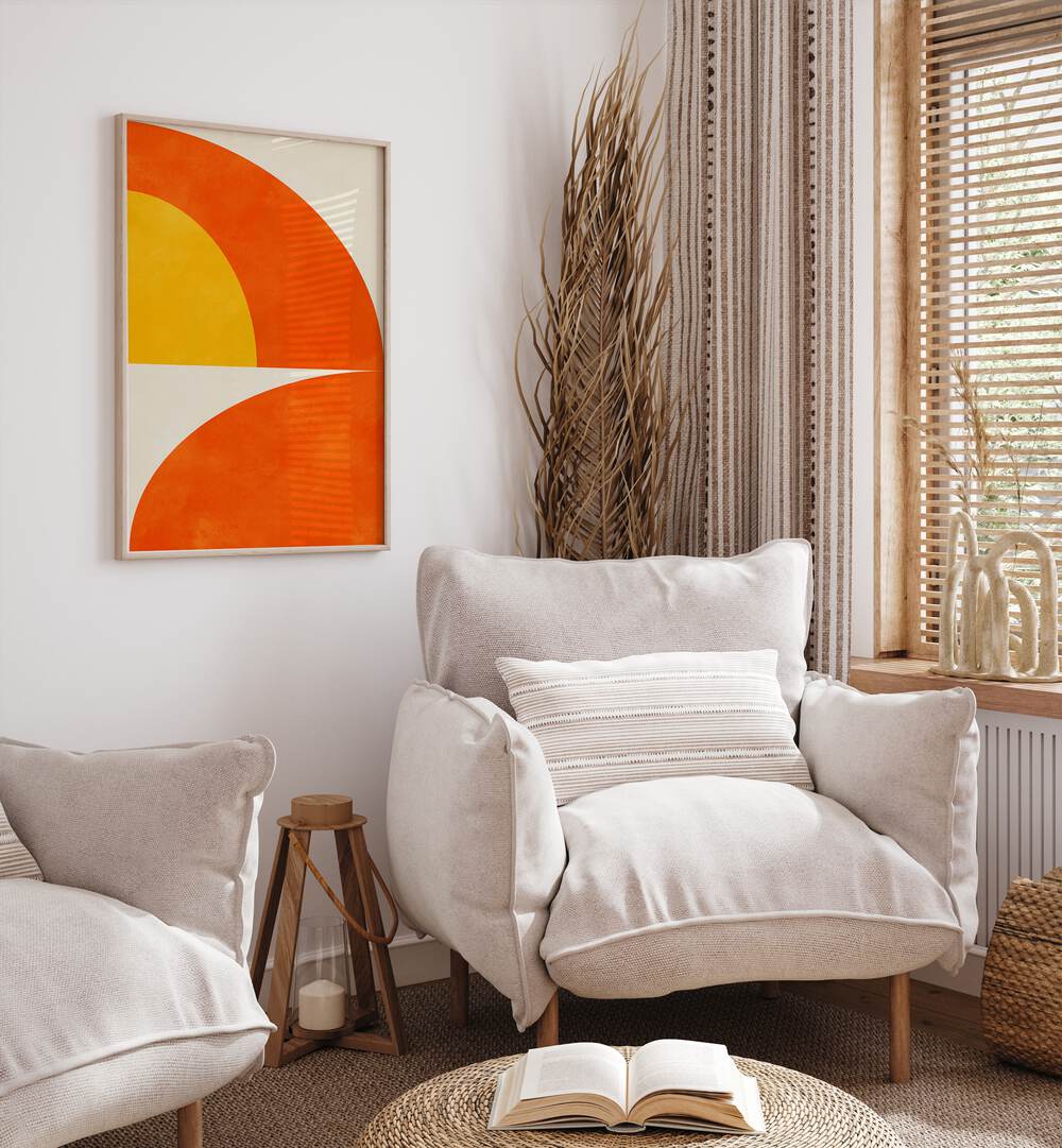 Bauhaus I By Ana Rut Bre Landscape Art Prints in Oak Wood Plain Frame placed on a White Colored Wall in the Living Room