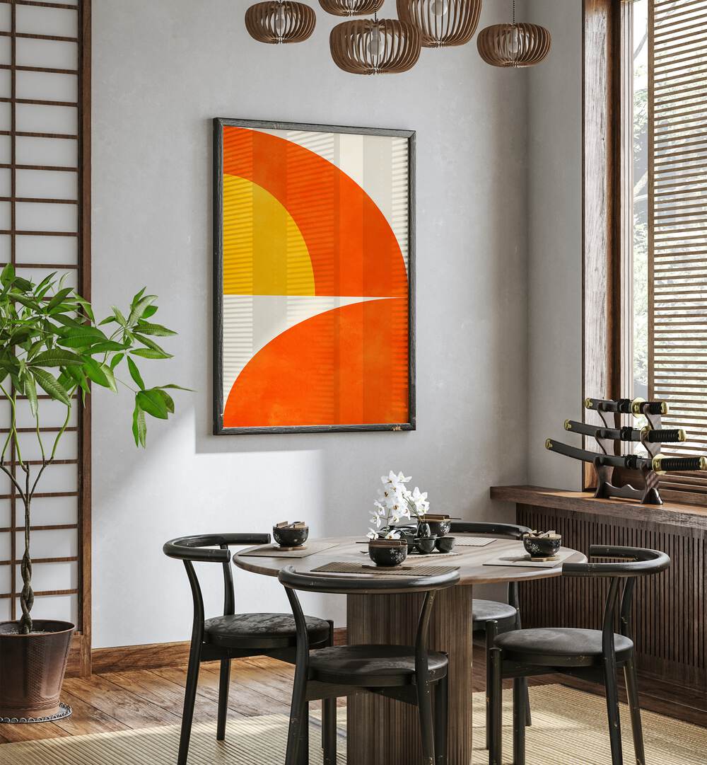 Bauhaus I By Ana Rut Bre Landscape Art Prints in Black Plain Frame placed on a White Colored Wall near a Dining Table in the Dining Room