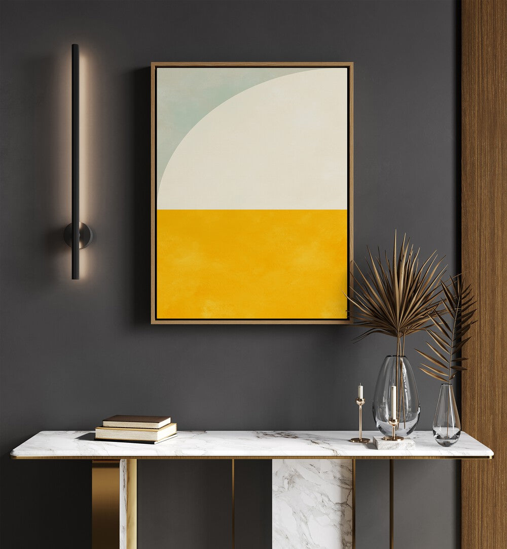 Bauhaus II By Ana Rut Bre Landscape Art Prints in Oak Wood Floater Frame placed on a Dark Grey Colored Wall above a Console Table in the Living Room