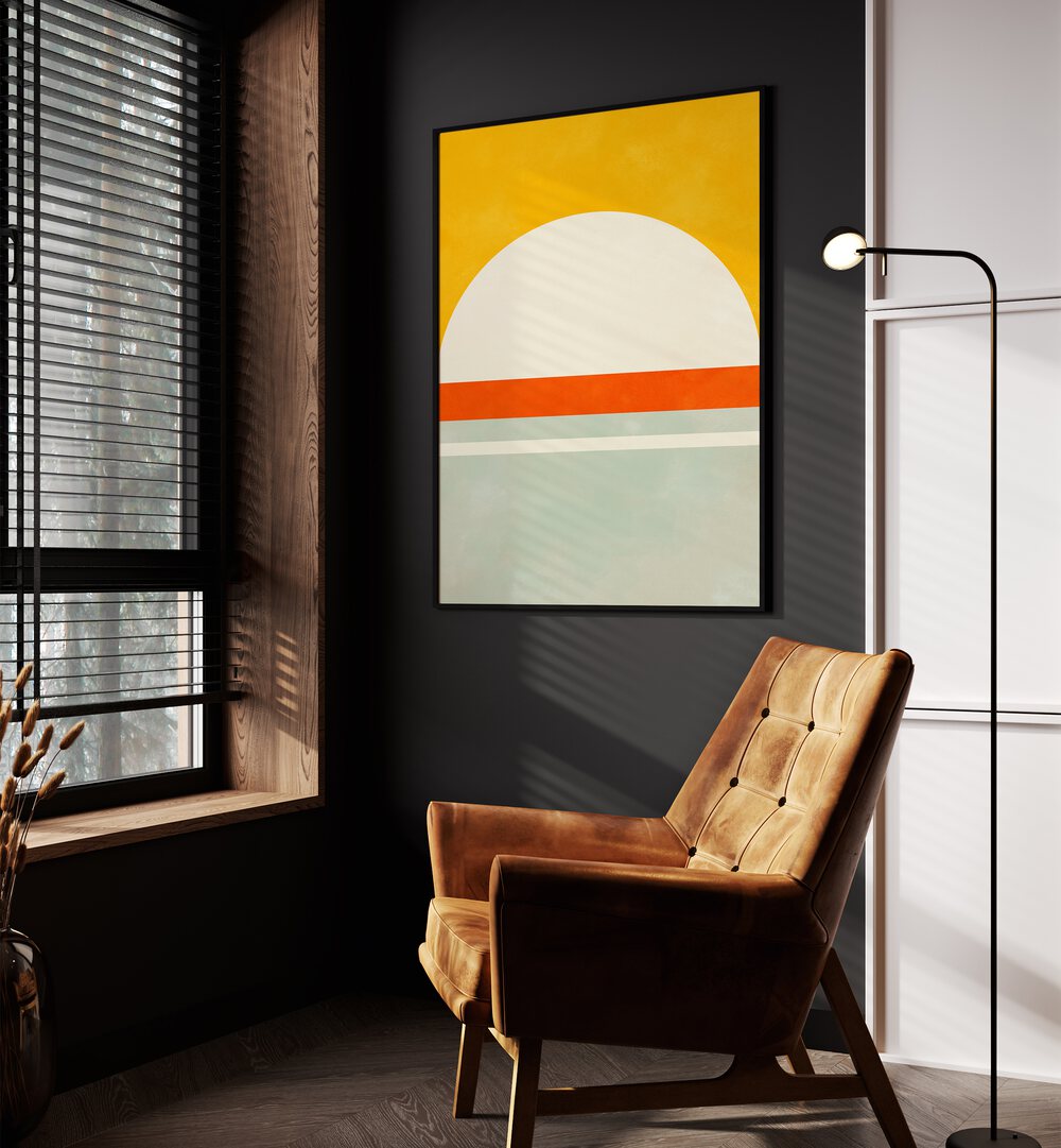 Bauhaus III By Ana Rut Bre Landscape Art Prints in Black Plain Frame placed on a Dark Grey Colored Wall in the Drawing Room