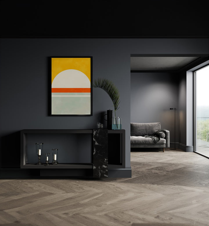 Bauhaus III By Ana Rut Bre Landscape Art Prints in Black Plain Frame placed on a Dark Grey Colored Wall above a Console Table in the Drawing Room