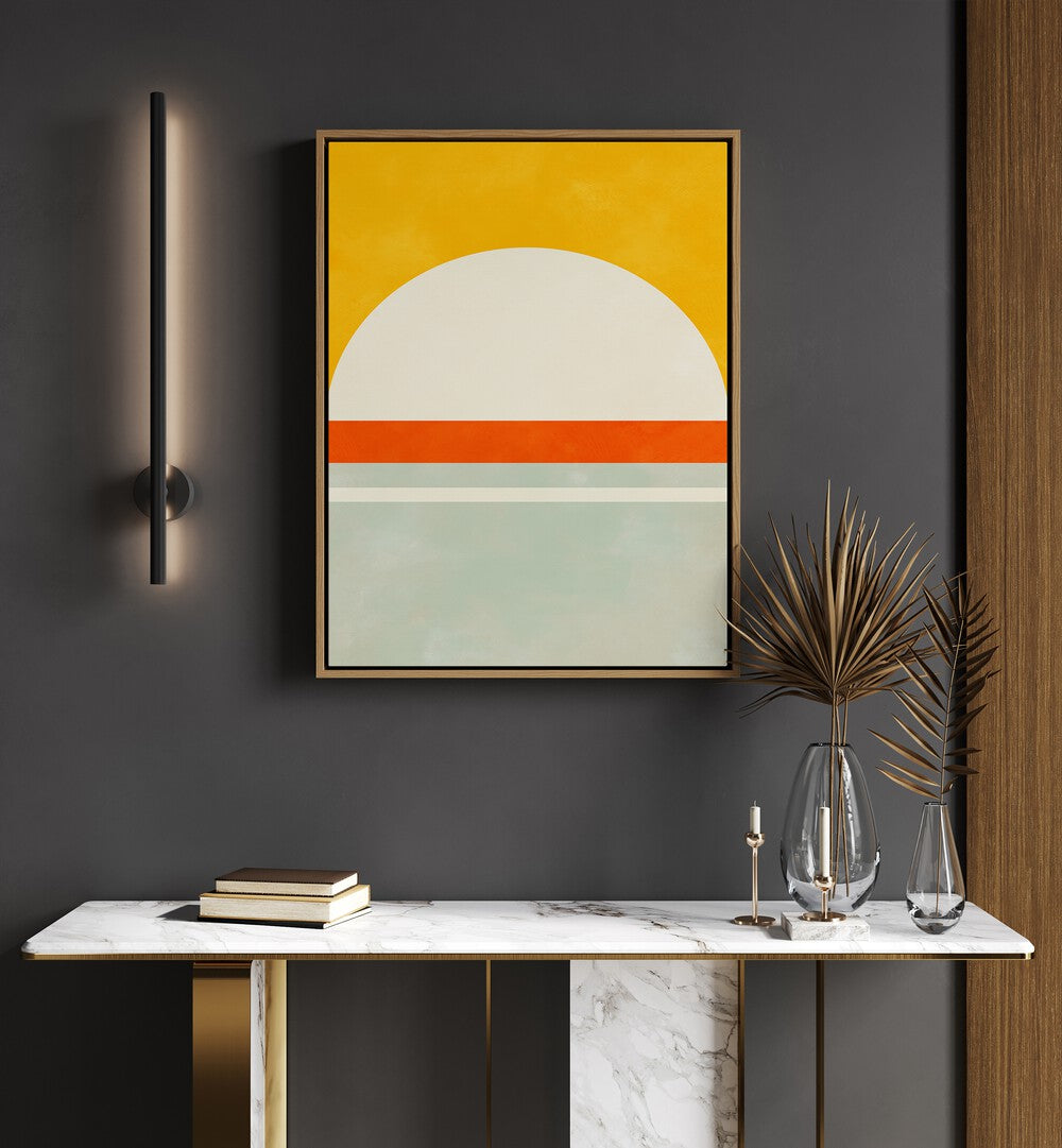 Bauhaus III By Ana Rut Bre Landscape Art Prints in Oak Wood Floater Frame placed on a Dark Grey Colored Wall above a Console Table in the Drawing Room