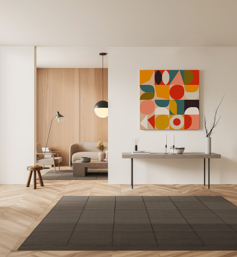 Bauhaus Modern Bold I By Ana Rut Bre Abstract Art Abstract Paintings in Gallery Wrap placed on a Cream Colored Wall above a Console Table in the Drawing Room