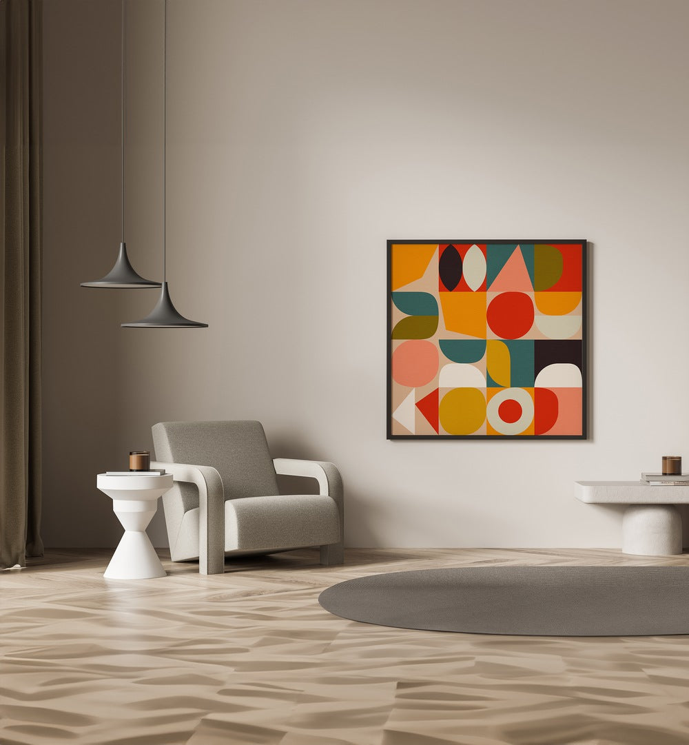 Bauhaus Modern Bold I By Ana Rut Bre Abstract Art Abstract Paintings in Black Plain Frame placed on a Beige Colored Wall in the Drawing Room