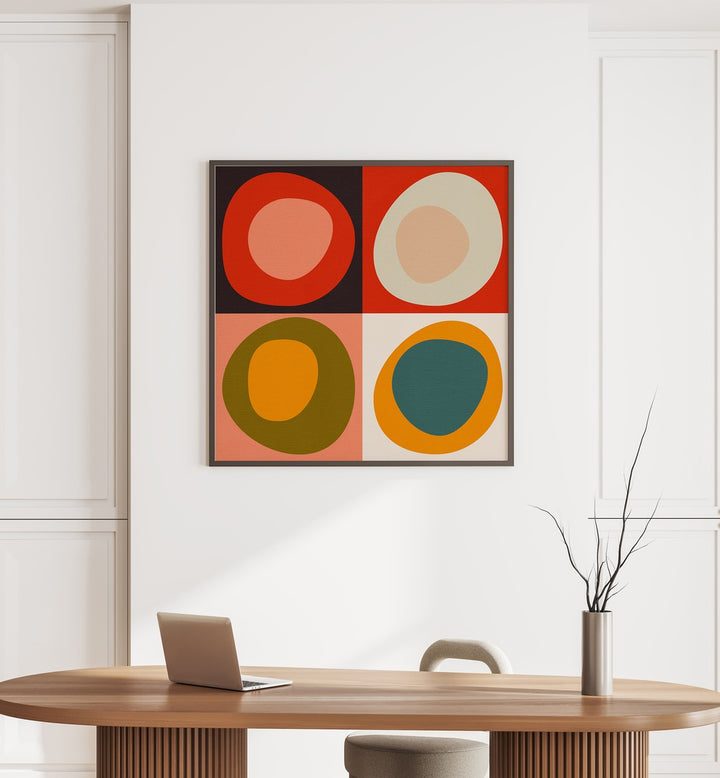 Bauhaus Modern Bold II By Ana Rut Bre Abstract Art Abstract Paintings in Black Plain Frame placed on a White Colored Wall near a Workspace in the Drawing Room