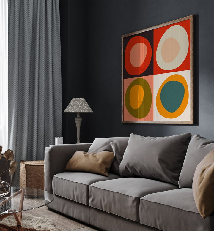 Bauhaus Modern Bold II By Ana Rut Bre Abstract Art Abstract Paintings in Oak Wood Plain Frame placed on a Dark Grey Colored Wall near a Dark Brown Sofa in the Living Room