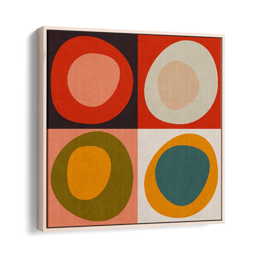 BAUHAUS MODERN BOLD II, ABSTRACT PAINTINGS features vibrant geometric shapes in an oak wood floater frame.