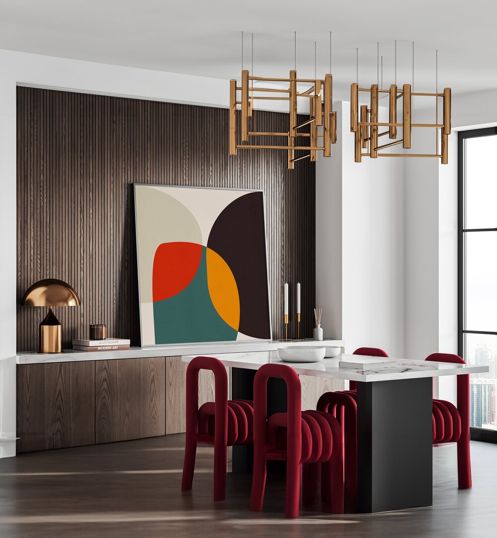 Bauhaus Modern Bold III By Ana Rut Bre Abstract Art Abstract Paintings in Black Plain Frame placed on a Console Table near a Dining Table in the Dining Room