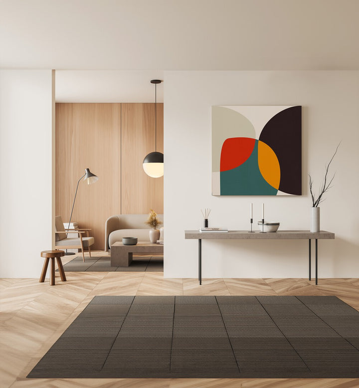 Bauhaus Modern Bold III By Ana Rut Bre Abstract Art Abstract Paintings in Gallery Wrap placed on a Cream Colored Wall above a Console Table in the Drawing Room