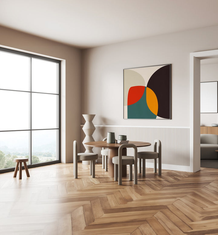 Bauhaus Modern Bold III By Ana Rut Bre Abstract Art Abstract Paintings in Black Plain Frame placed on a Cream Colored Wall near a Dining Table in the Dining Room