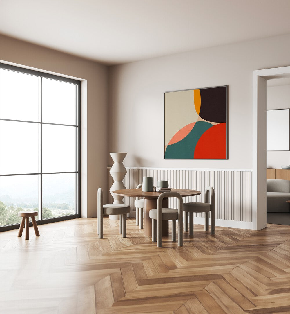 Bauhaus Modern Bold IV By Ana Rut Bre Abstract Art Abstract Paintings in Black Plain Frame placed on a Cream Colored Wall near a Dining Table in the Dining Room