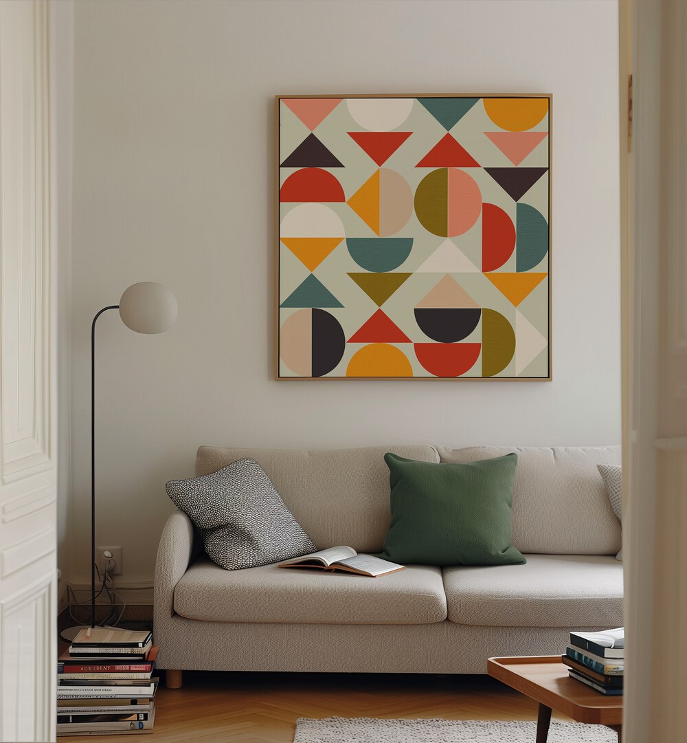 Bauhaus Modern By Ana Rut Bre Abstract Art Abstract Paintings in Oak Wood Floater Frame placed on a Beige Colored Wall near a Beige Sofa in the Living Room