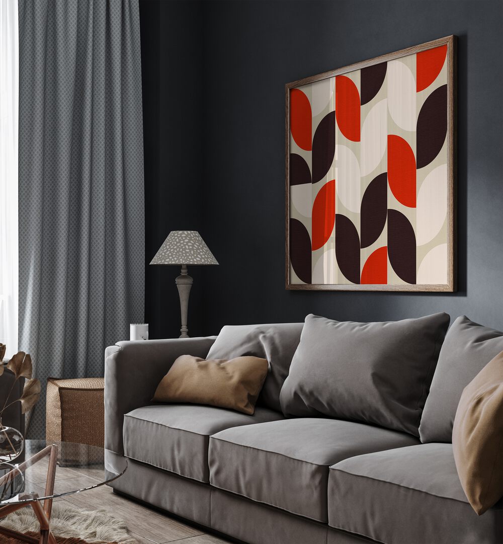 Bauhaus Modern III By Ana Rut Bre Abstract Art Abstract Paintings in Oak Wood Plain Frame placed on a Dark Grey Colored Wall near a Dark Grey Sofa in the Living Room