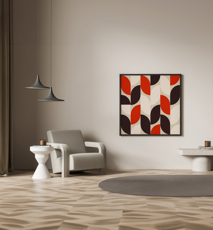 Bauhaus Modern III By Ana Rut Bre Abstract Art Abstract Paintings in Black Plain Frame placed on a Beige Colored Wall in the Drawing Room