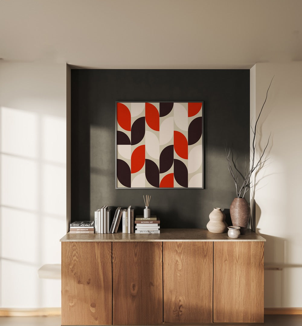 Bauhaus Modern III By Ana Rut Bre Abstract Art Abstract Paintings in Black Plain Frame placed on a Dark Grey Colored Wall above a Console Table in the Living Room 