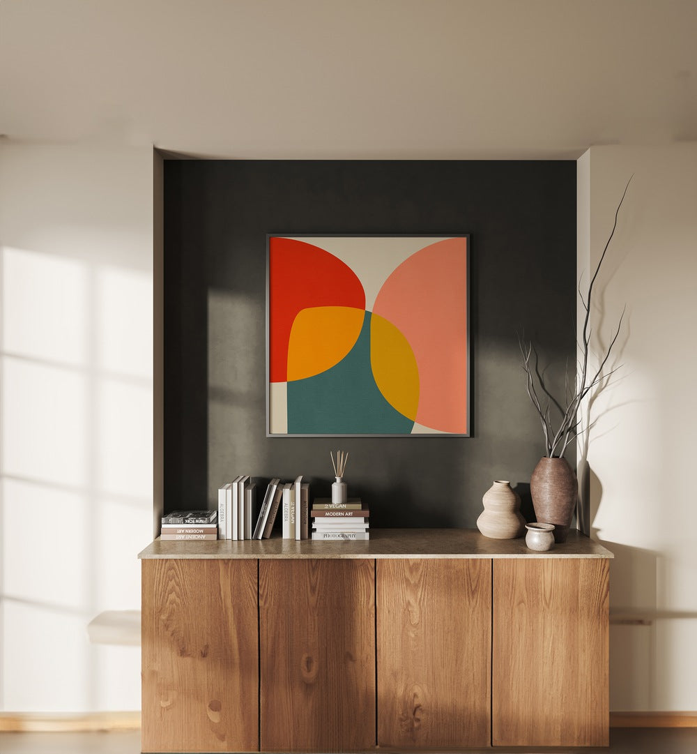 Bauhaus New II By Ana Rut Bre Abstract Art Abstract Paintings in Black Plain Frame placed on a Dark Grey Colored Wall above a Console Table in the Living Room 