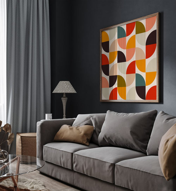 Bauhaus New II Kopie By Ana Rut Bre Abstract Art Abstract Paintings in Oak Wood Plain Frame placed on a Dark Grey Colored Wall near a Dark Grey Sofa in the Living Room