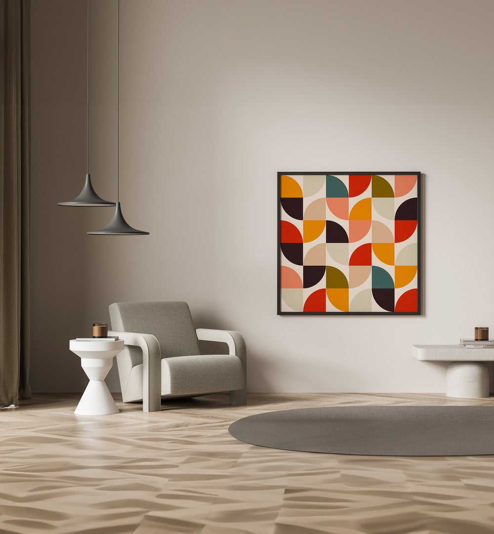 Bauhaus New II Kopie By Ana Rut Bre Abstract Art Abstract Paintings in Black Plain Frame placed on a Beige Colored Wall in the Drawing Room