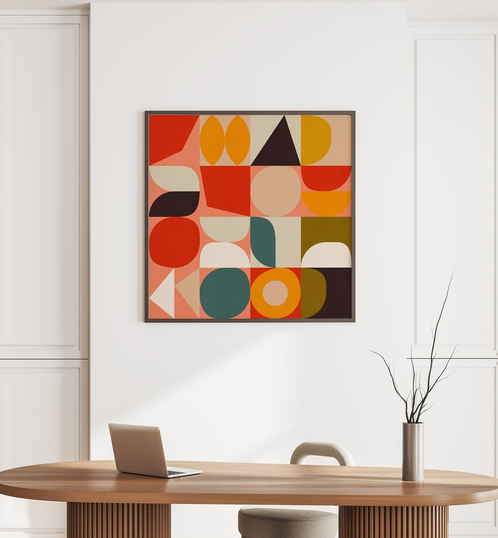 Bauhaus New IV By Ana Rut Bre Abstract Art Abstract Paintings in Black Plain Frame placed on a White Colored Wall near a Workspace in the Drawing Room