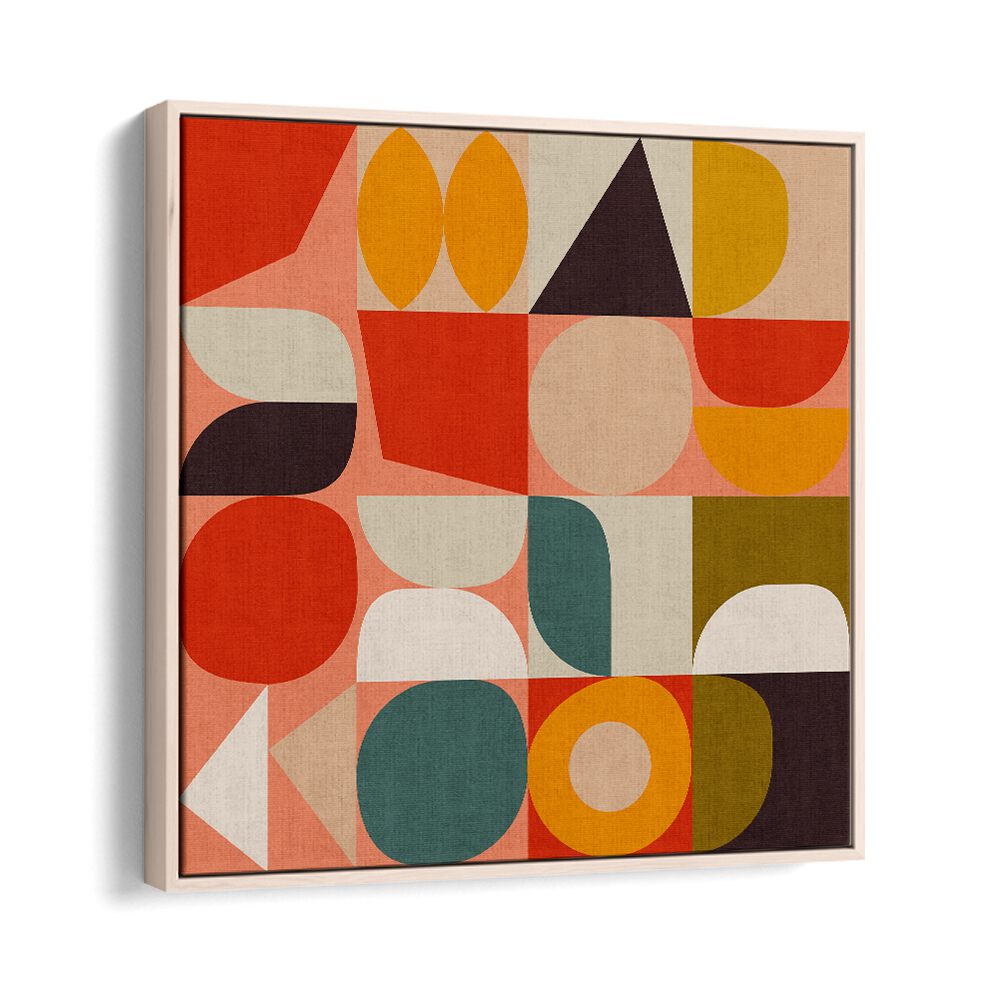 Colorful geometric composition of BAUHAUS NEW IV, ABSTRACT PAINTINGS by Ana Rut Bre in an oak wood floater frame.
