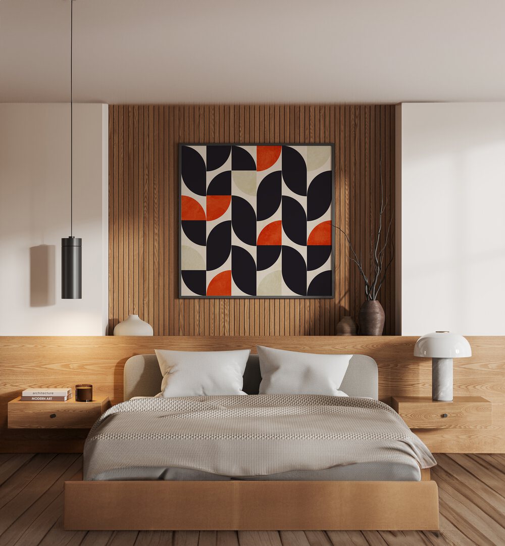 Bauhaus New V By Ana Rut Bre Abstract Art Abstract Paintings in Black Plain Frame Placed on a wooden textured wall behind a Bed in the bedroom