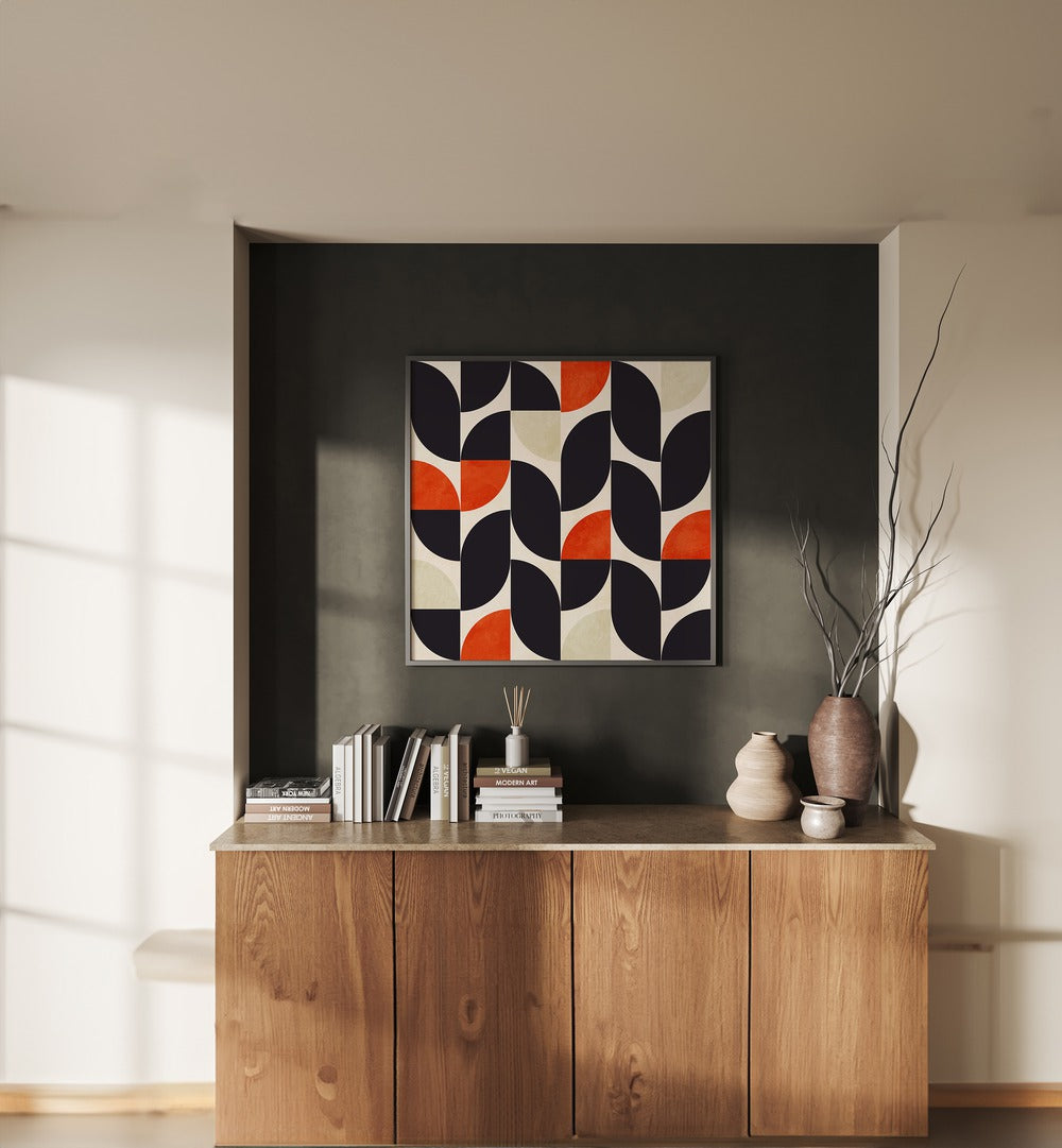 Bauhaus New V By Ana Rut Bre Abstract Art Abstract Paintings in Black Plain Frame placed on a Dark Grey Colored Wall above a Console Table in the Living Room 