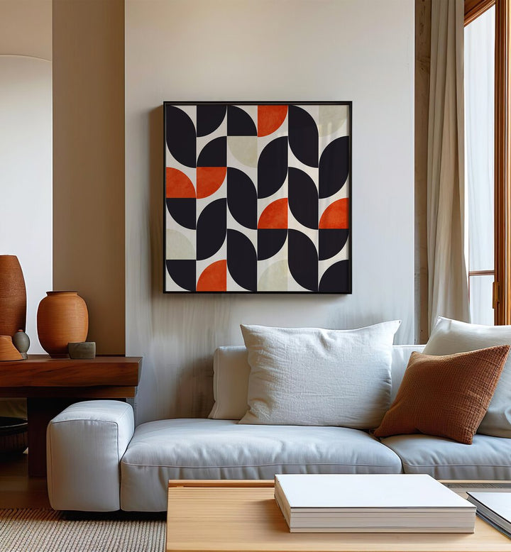 Bauhaus New V By Ana Rut Bre Abstract Art Abstract Paintings in Black Plain Frame placed on a Cream Colored Wall near a White  Sofa in the Living Room