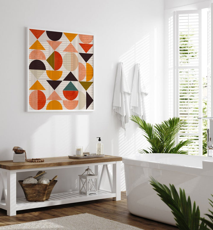 Bauhaus New VIII By Ana Rut Bre Abstract Art Abstract Paintings in White Plain Frame placed on a White Colored Wall near a Bathtub in the Bathroom