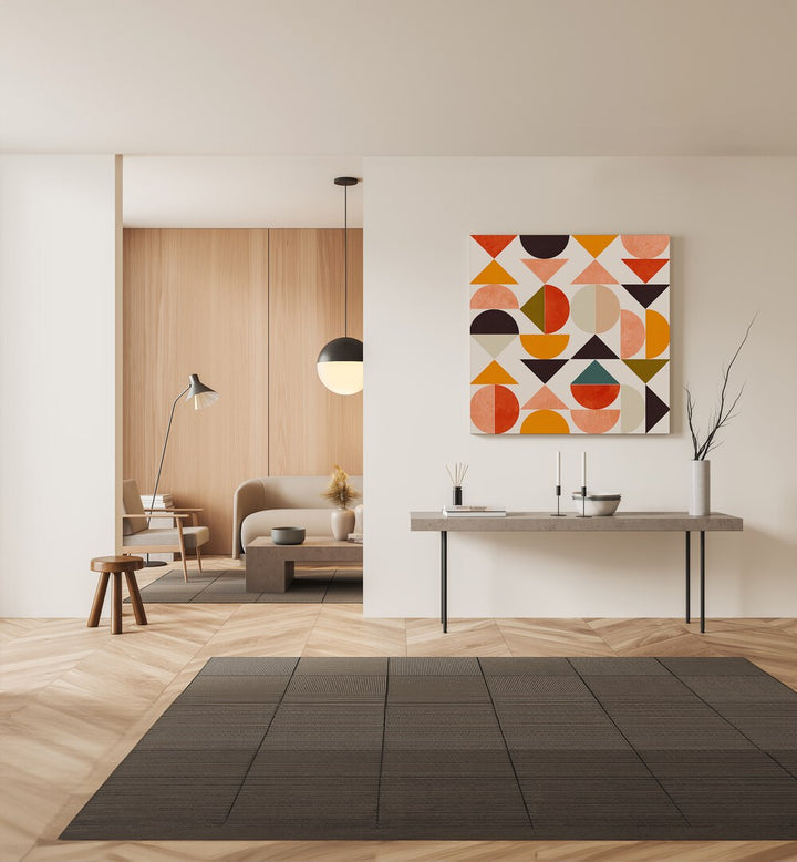 Bauhaus New VIII By Ana Rut Bre Abstract Art Abstract Paintings in Gallery Wrap placed on a Cream Colored Wall above a Console Table in the Drawing Room