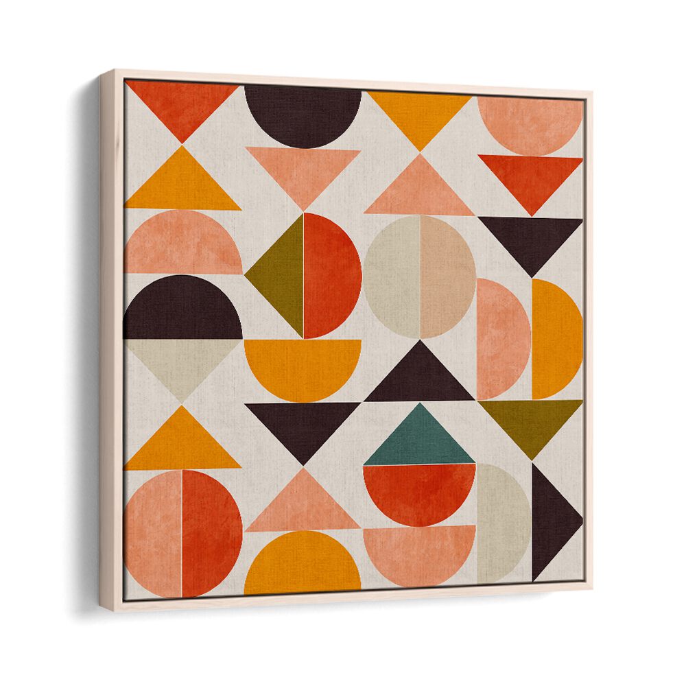 Colorful geometric design of BAUHAUS NEW VIII, ABSTRACT PAINTINGS by Ana Rut Bre in a sleek floater frame.