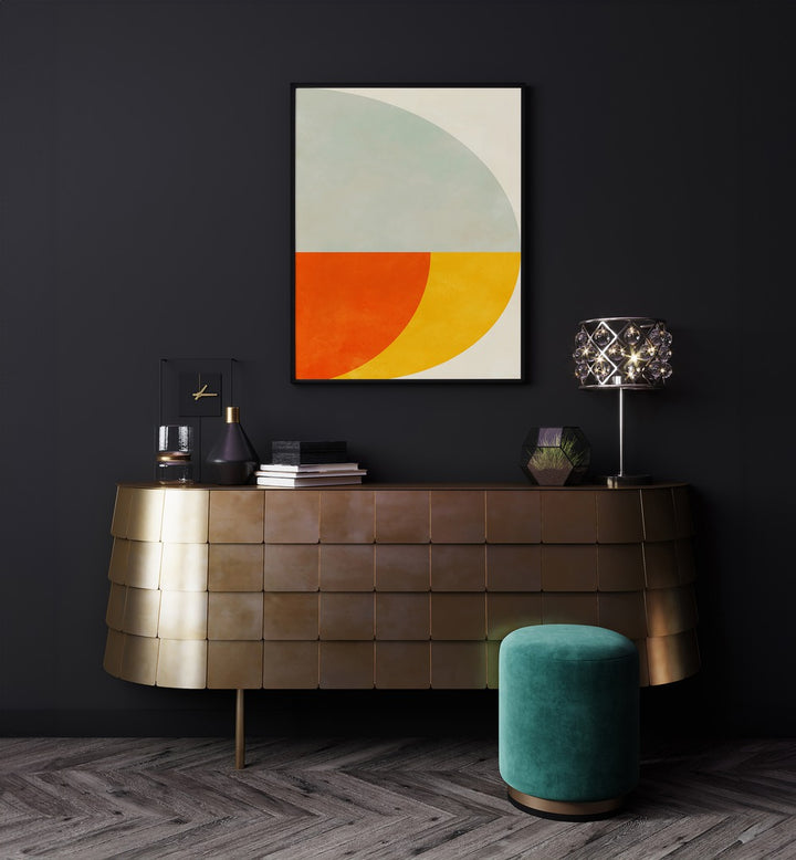 Bauhaus V By Ana Rut Bre Landscape Art Prints in Black Plain Frame placed on a Dark Grey Colored Wall above a Console Table in the Drawing Room