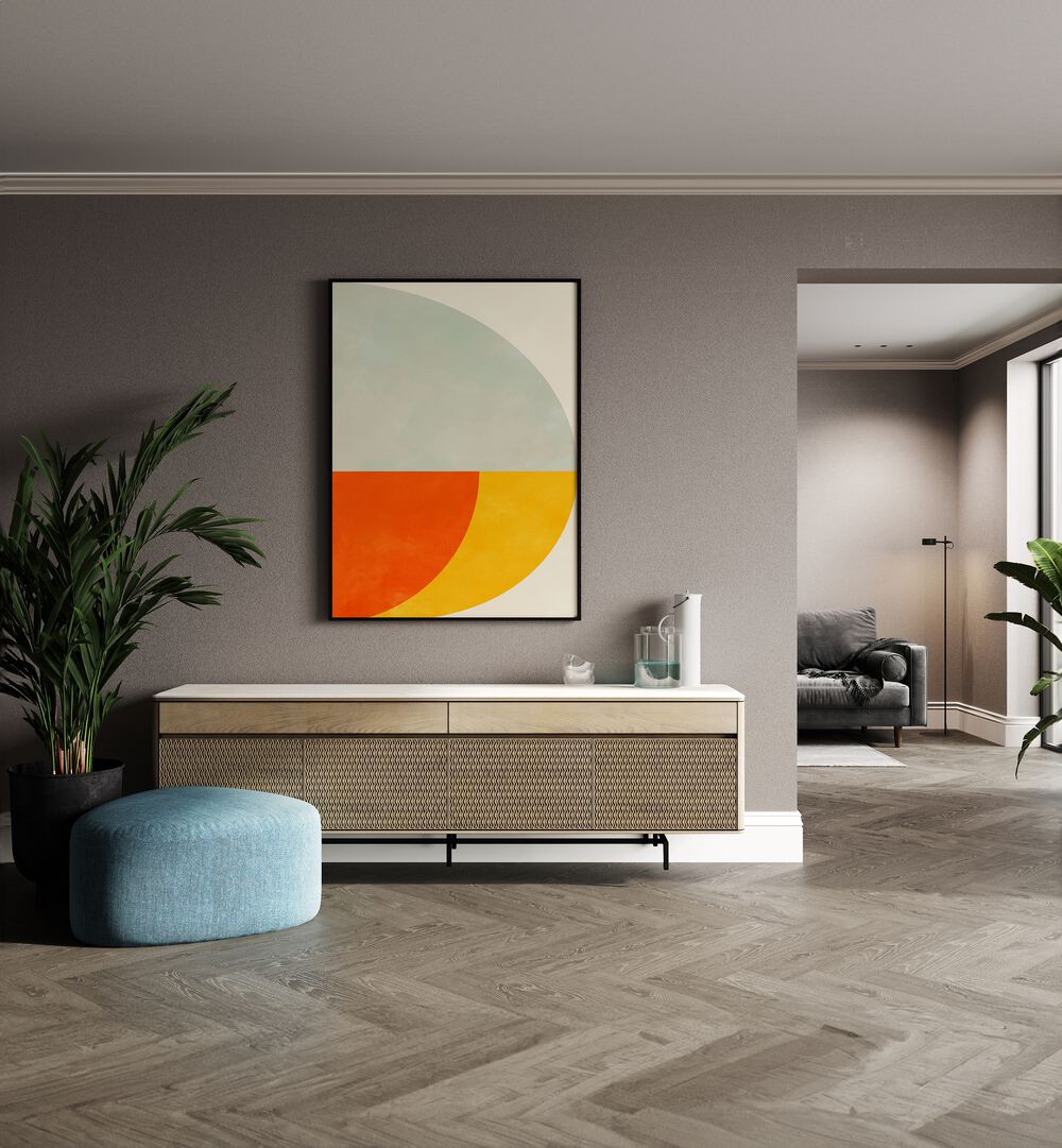 Bauhaus V By Ana Rut Bre Landscape Art Prints in Black Plain Frame placed on a Beige Colored Wall above a Console Table in the Drawing Room