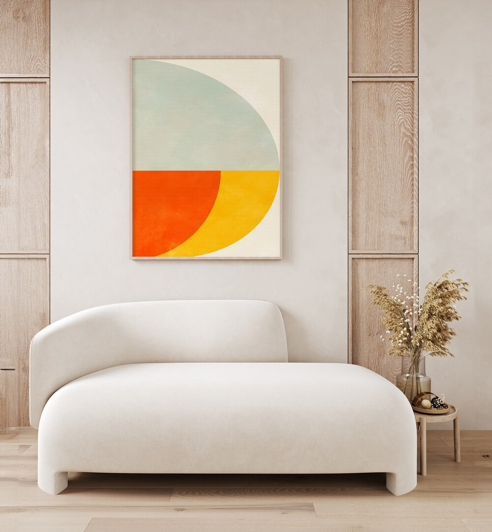 Bauhaus V By Ana Rut Bre Landscape Art Prints in Oak Wood Plain Frame placed on a Cream Colored Wall near a Cream Sofa in the Living Room