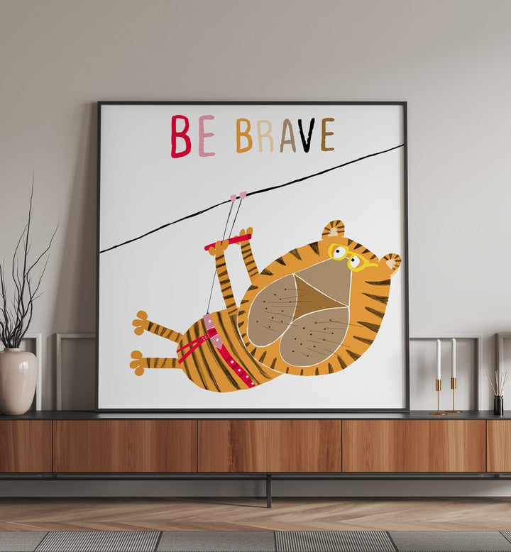 Be Brave Funny Tiger Zip Lining By Carla Daly Kids Painting placed on a wall