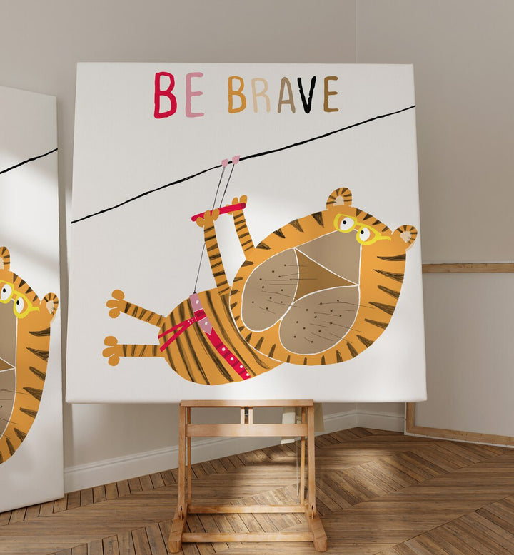 Be Brave Funny Tiger Zip Lining By Carla Daly Kids Painting placed on a wall