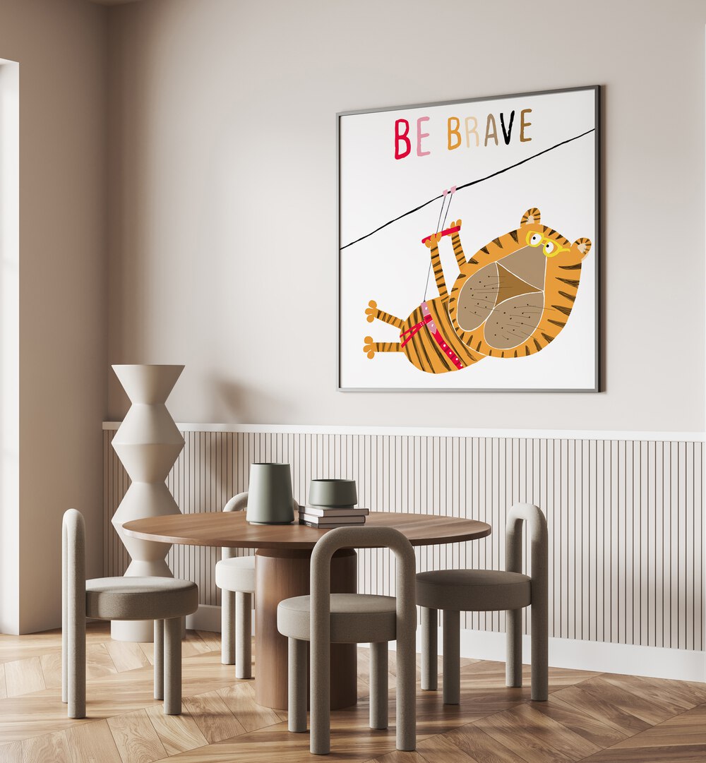 Be Brave Funny Tiger Zip Lining By Carla Daly Kids Painting placed on a wall