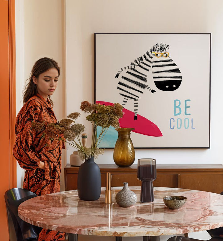 Be Cool Cute Zebra Surfing By Carla Daly Kids Painting placed on a wall