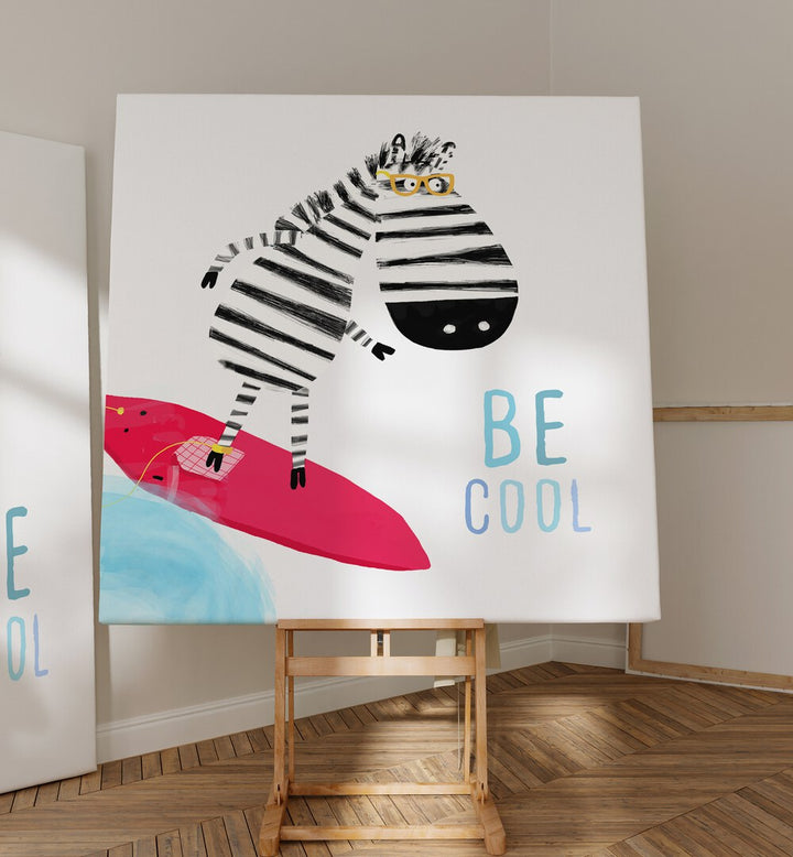 Be Cool Cute Zebra Surfing By Carla Daly Kids Painting placed on a wall