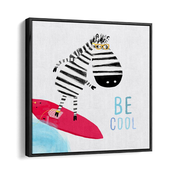 Be Cool Cute Zebra Surfing By Carla Daly Kids Painting in Black Floater Frame