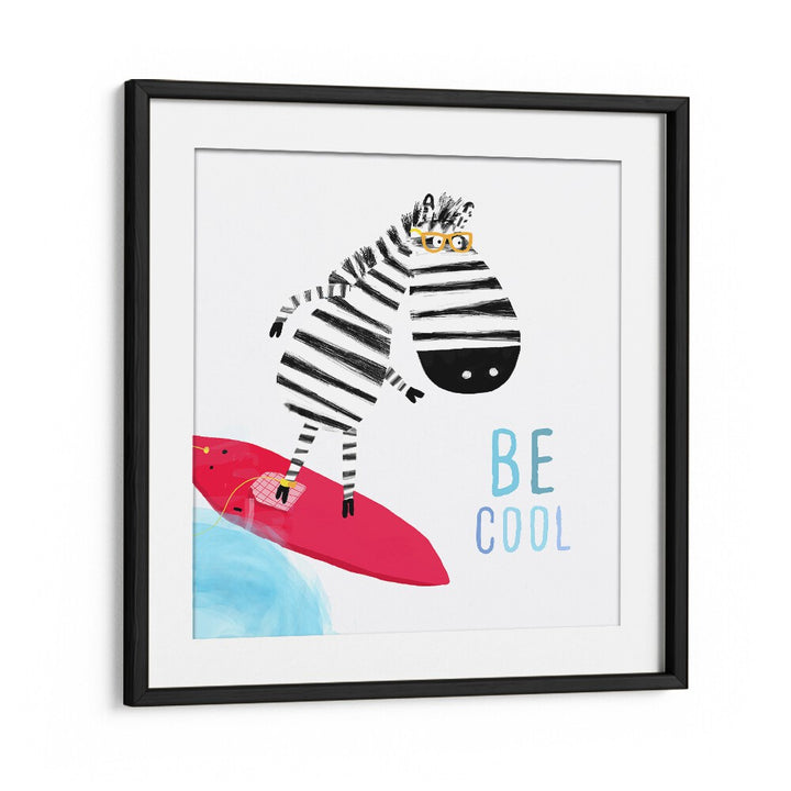 Be Cool Cute Zebra Surfing By Carla Daly Kids Painting in Black Frame With Mount