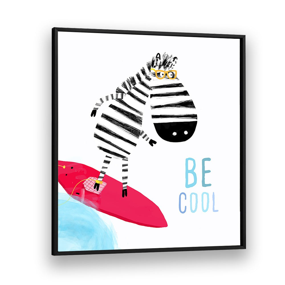 Be Cool Cute Zebra Surfing By Carla Daly Kids Painting in Black Plain Frame