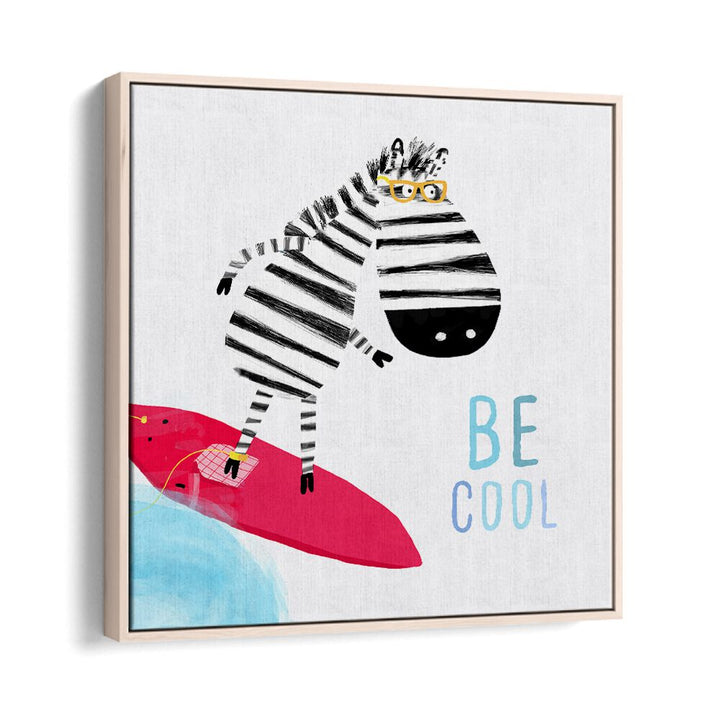 Be Cool Cute Zebra Surfing By Carla Daly Kids Painting in Oak Wood Floater Frame