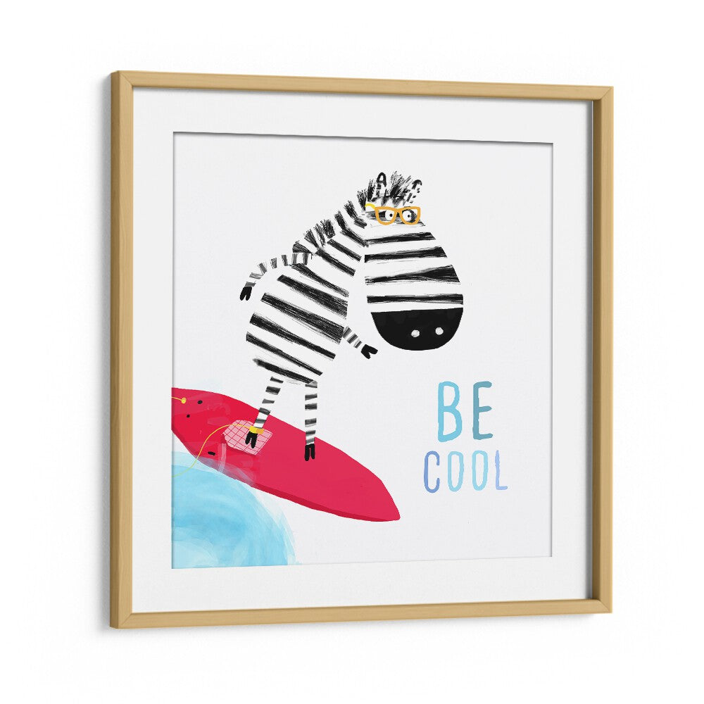 Be Cool Cute Zebra Surfing By Carla Daly Kids Painting in Oak Wood Frame With Mount