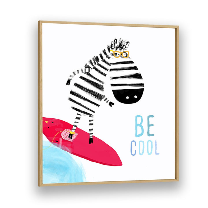 Be Cool Cute Zebra Surfing By Carla Daly Kids Painting in Oak Wood Plain Frame