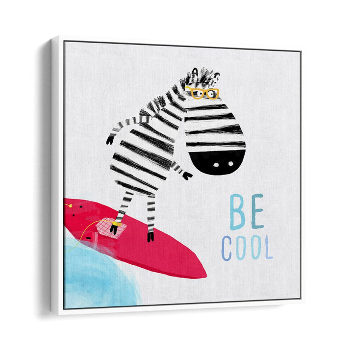 Be Cool Cute Zebra Surfing By Carla Daly Kids Painting in White Floater Frame