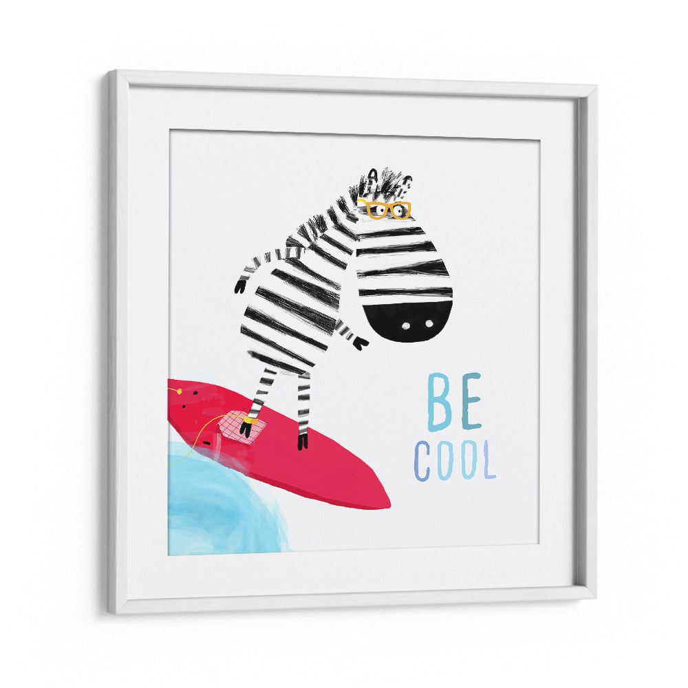 Be Cool Cute Zebra Surfing By Carla Daly Kids Painting in White Frame With Mount