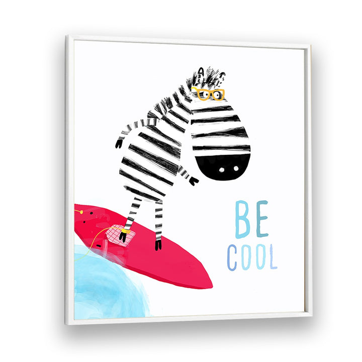 Be Cool Cute Zebra Surfing By Carla Daly Kids Painting in White Plain Frame