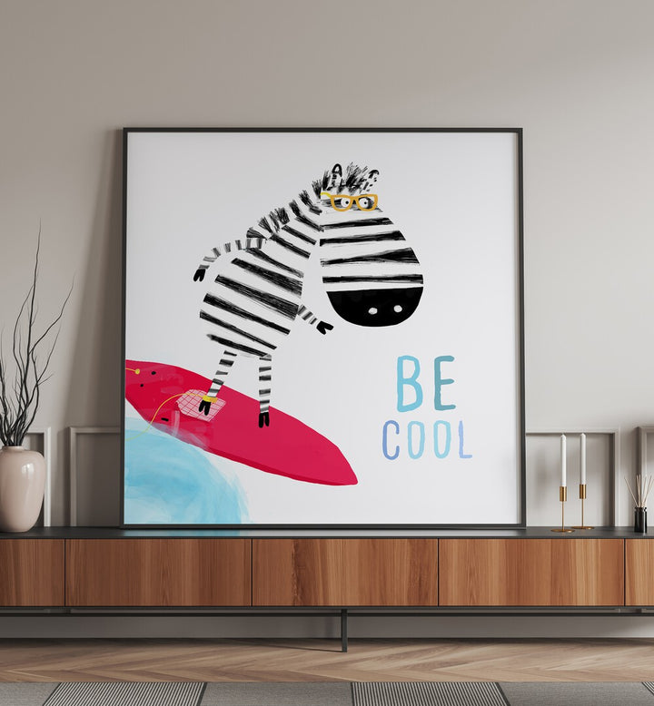 Be Cool Cute Zebra Surfing By Carla Daly Kids Painting placed on a wall