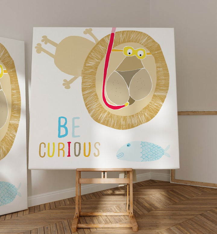 Be Curious Cute Lion Snorkelling With The Fish By Carla Daly Kids Painting placed on a wall