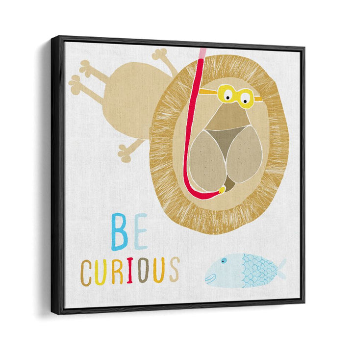 Be Curious Cute Lion Snorkelling With The Fish By Carla Daly Kids Painting in Black Floater Frame